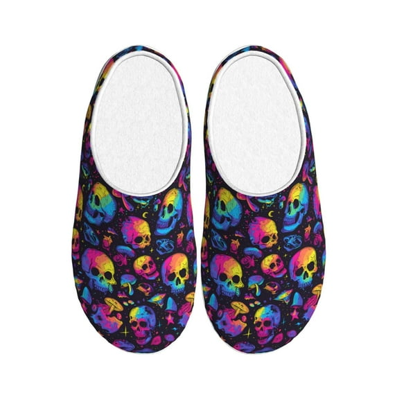 Picia mushroom rainbow color Skull for Women's Lamb-hug Comfy Fleece House Slippers Memory Foam, Slip-on House Shoes Indoor Outdoor-37/38