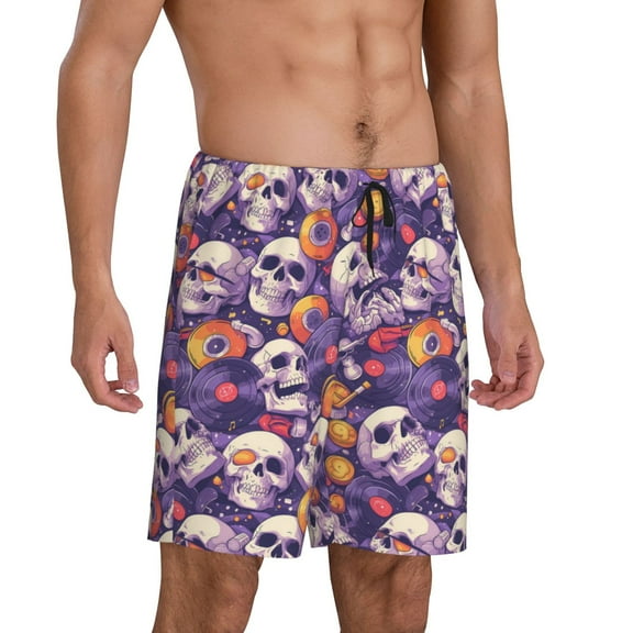Picia music Skull record Pajama Shorts for Men, Men's Pajama Bottoms, Sleepwear,Short Pajama Pants-Small