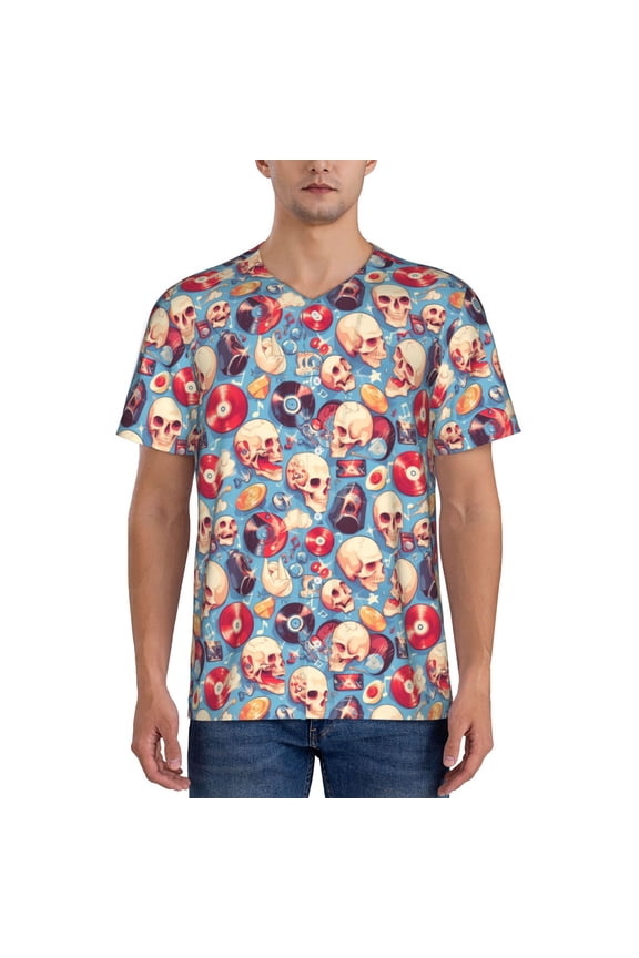 music Skull record Retro Pattern Mens Polo Shirts Quick Dry Short Sleeve Golf T Shirt Performance Moisture Wicking Casual Workout Baseball T-shirt-Small