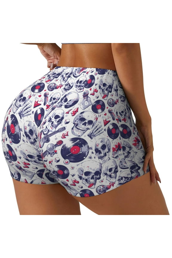 music Skull record mike Printed Workout Shorts for Women Seamless Scrunch Butt Lifting High Waisted Yoga Gym Booty Running Moisture-wicking Short Pants-Large