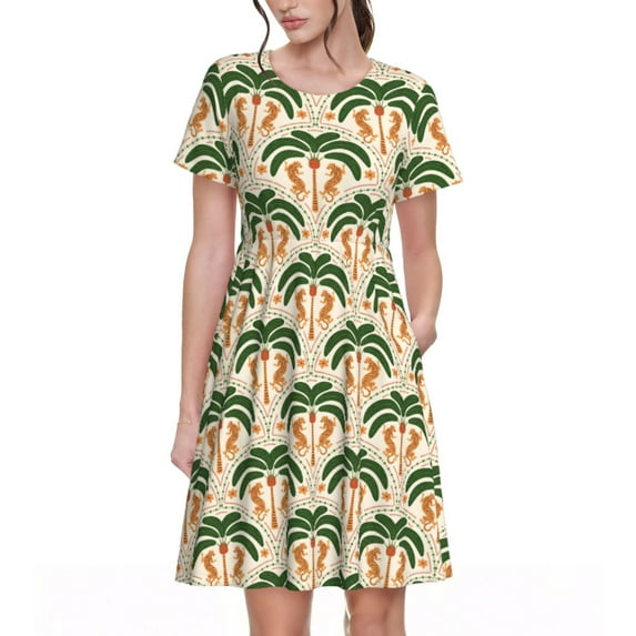 Picia palm tree Asian leopard Pattern Women's Short Sleeve Summer Dress Pleated Loose Swing Knee Length Short Sleeve Swing Dresses