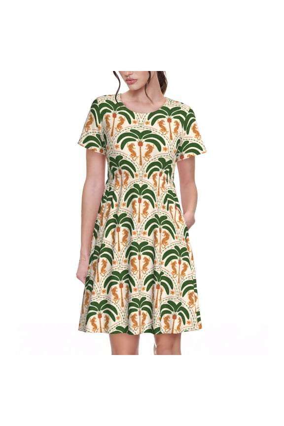 palm tree Asian leopard Pattern Women's Short Sleeve Summer Dress Pleated Loose Swing Knee Length Short Sleeve Swing Dresses