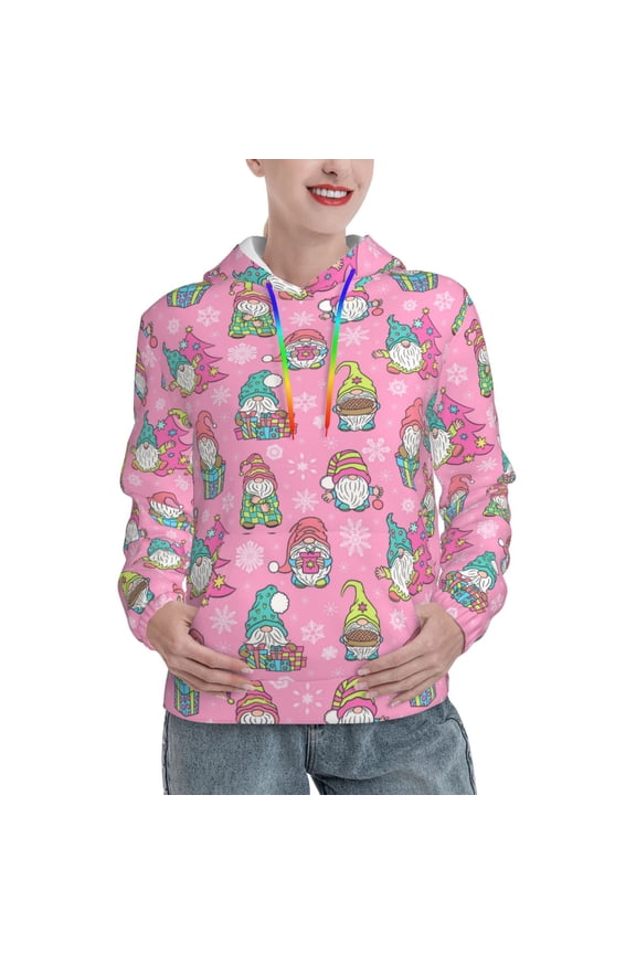 pink Holiday Joy Pattern Casual Women's Hoodie, Hooded Sweatshirt with Kangaroo Pocket, Comfortable Pullover with Eye-catching Drawstrings-XX-Large
