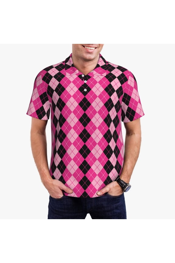 pink and black argyle Print Men's Polo Shirt, Two-Button Closure Pique Polo Shirt, Summer Fashion Golf Shirt-Medium