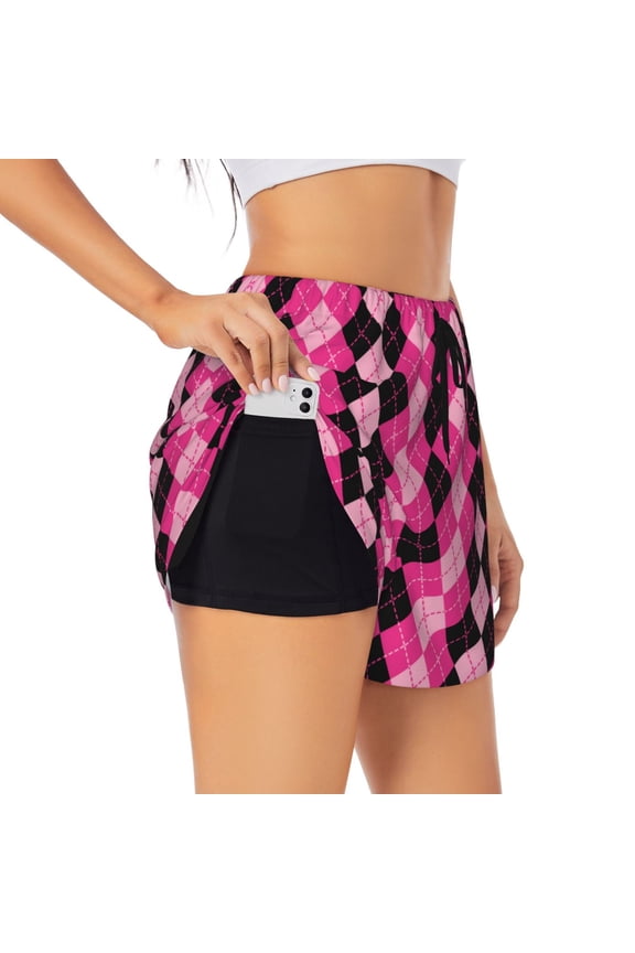 pink and black argyle Pattern Women's 2 in 1 Athletic Running Shorts High Waisted Workout Casual Gym Sweat Shorts with Comfy Liner Zipper Pockets-Medium