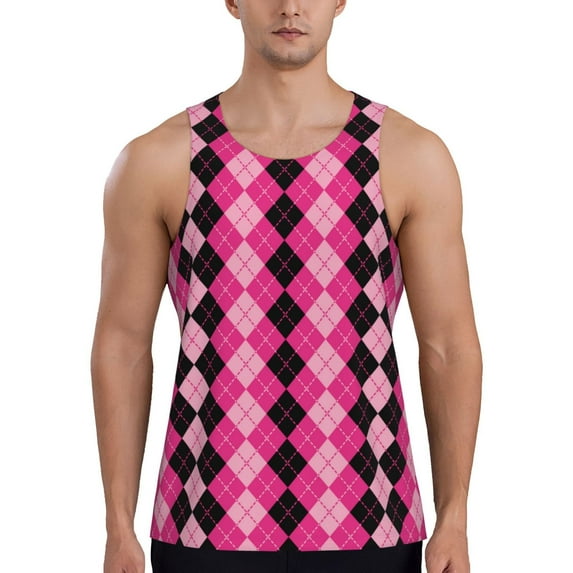 Picia pink and black argyle Printed Men’s Performance Tank, Men's Workout Tank Top Moisture-Wicking Tank Top Muscle tee, Breathable Workout Shirt-X-Large