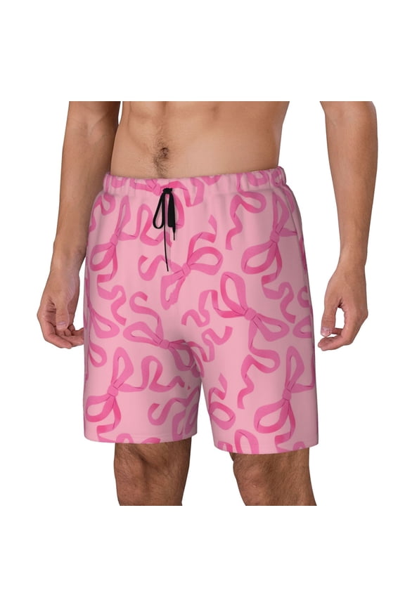 pink bow Pattern Mens Swim Trunks with Compression Liner Stretch Beach Shorts Quick Dry with Zipper Pockets No-Chafing Board Shorts-Medium