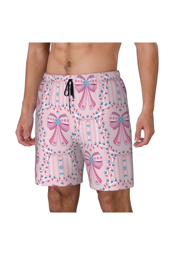 pink bows Pattern Mens Swim Trunks with Compression Liner Stretch Beach Shorts Quick Dry with Zipper Pockets No-Chafing Board Shorts-Large
