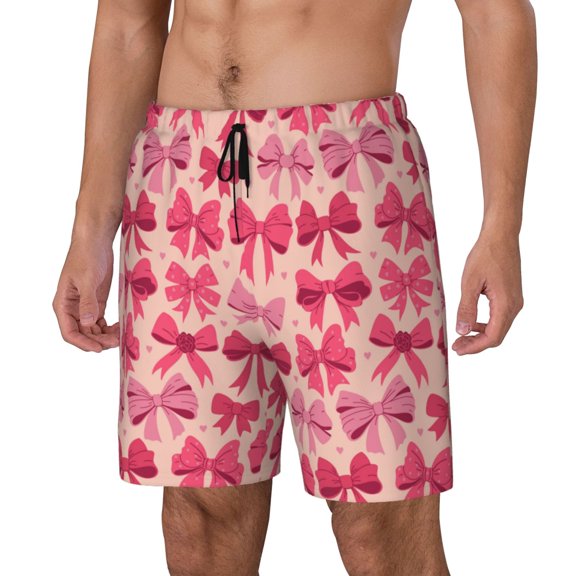Picia pink ribbon bows Pattern Mens Swim Trunks with Compression Liner Stretch Beach Shorts Quick Dry with Zipper Pockets No-Chafing Board Shorts-Small