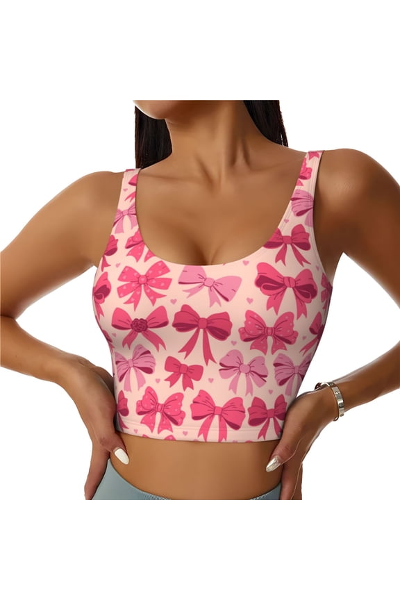pink ribbon bows Pattern Sports Bra for Women,Padded Strappy Sports Bras Medium Support Yoga Bra with Removable Cups,Running Yoga Bra-X-Large