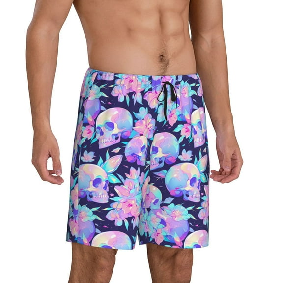 Picia pinkk flower crystal Skull Pajama Shorts for Men, Men's Pajama Bottoms, Sleepwear,Short Pajama Pants-Large