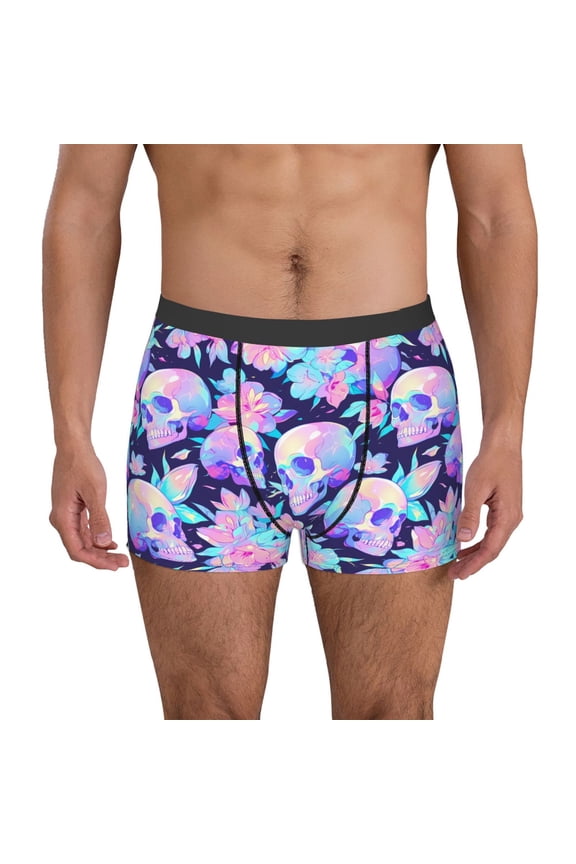 pinkk flower crystal Skull Pattern Men’s Boxer Briefs – Soft & Breathable Underwear, Stretchy & Comfortable Fit, Supportive Pouch Design, Moisture-Wicking-Small
