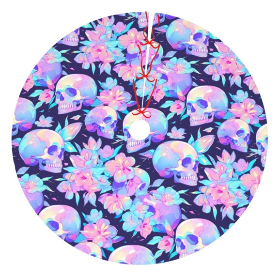 Picia pinkk flower crystal Skull Print Christmas Tree Skirt , Christmas Tree Skirt Ornaments for Merry Christmas Holiday Party Decorations Indoor Outdoor-48"