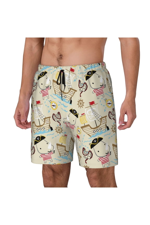 pirate with sailing Pattern Mens Swim Trunks with Compression Liner Stretch Beach Shorts Quick Dry with Zipper Pockets No-Chafing Board Shorts-3X-Large