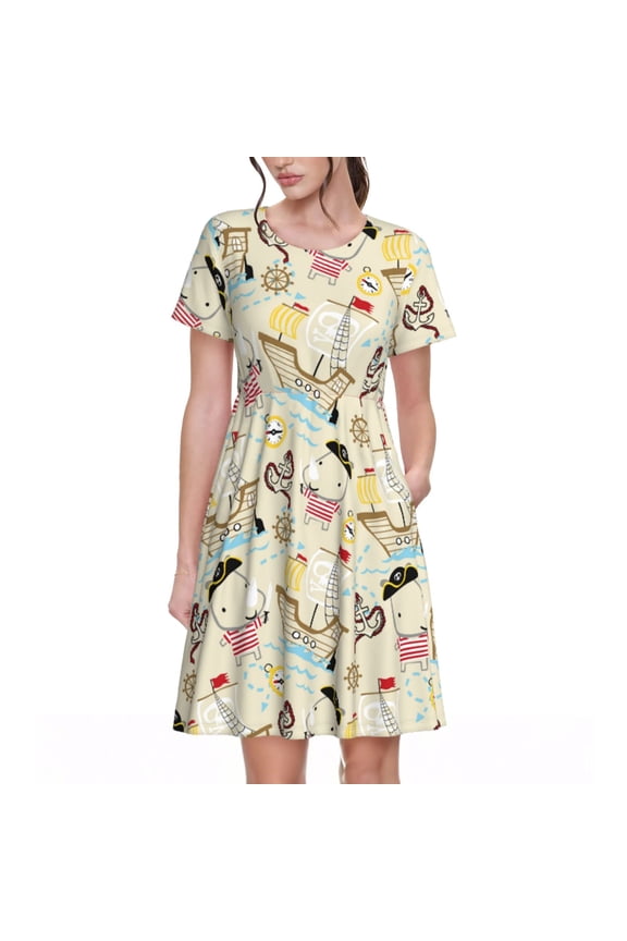 pirate with sailing Pattern Women's Short Sleeve Summer Dress Pleated Loose Swing Knee Length Short Sleeve Swing Dresses