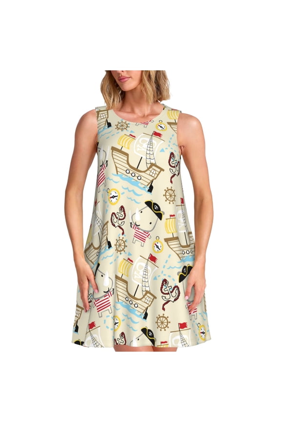 pirate with sailing Print Women’s Sleeveless Midi Swing Dress – A-Line Pleated Tank Sundress, Comfortable and Flowy T-Shirt Dress