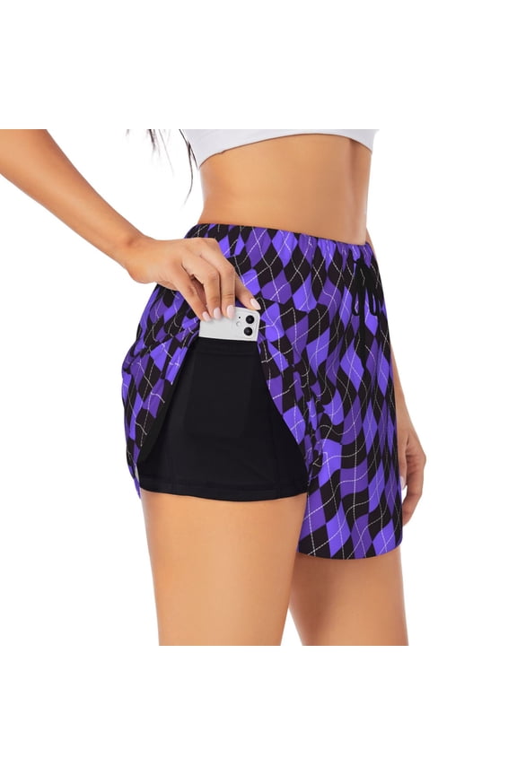 purple argyle Pattern Women's 2 in 1 Athletic Running Shorts High Waisted Workout Casual Gym Sweat Shorts with Comfy Liner Zipper Pockets-Small