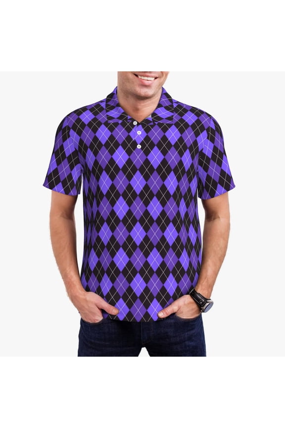 purple argyle Print Men's Polo Shirt, Two-Button Closure Pique Polo Shirt, Summer Fashion Golf Shirt-3X-Large