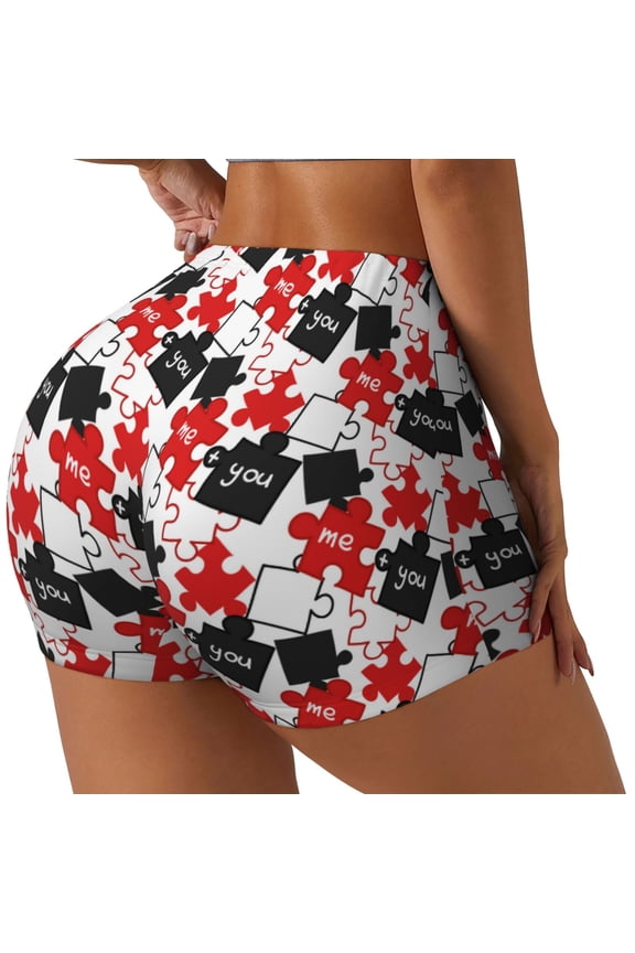 puzzle elements with the words me you Printed Workout Shorts for Women Seamless Scrunch Butt Lifting High Waisted Yoga Gym Booty Running Moisture-wicking Short Pants-Large