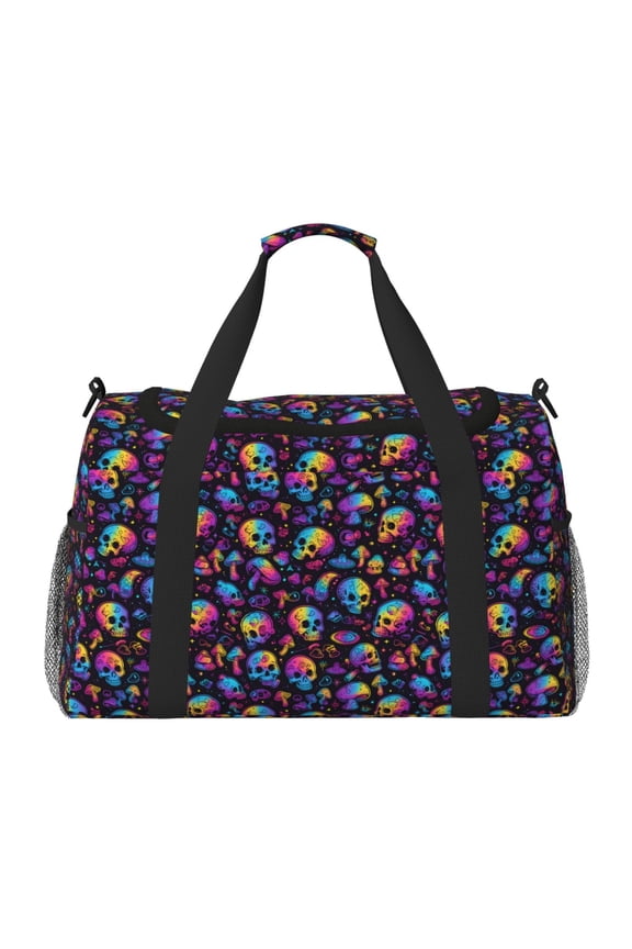 rainbow color Skull mushroom Print Travel Duffle Bag,Weekender Bags for Women with Shoe Compartment, Gym Duffel Bag with Wet Pocket, Hospital Bags for Labor and Delivery
