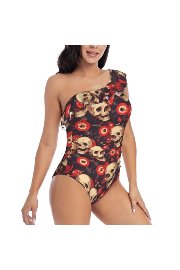 record Skull rock Pattern Women's One Piece Swimsuits,One Shoulder Swimwear Asymmetric ,Ruffle Monokinis Bathing Suits,High Waisted Flattering Bathing Suits-Medium