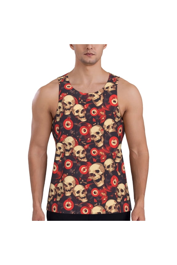 record Skull rock Printed Men’s Performance Tank, Men's Workout Tank Top Moisture-Wicking Tank Top Muscle tee, Breathable Workout Shirt-XX-Large