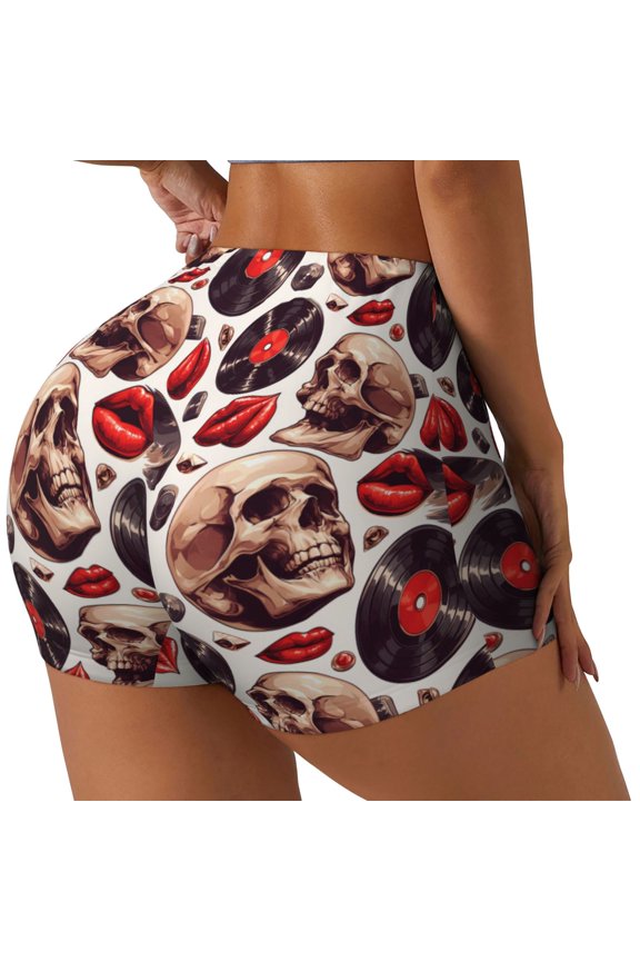 record lips Skull Printed Workout Shorts for Women Seamless Scrunch Butt Lifting High Waisted Yoga Gym Booty Running Moisture-wicking Short Pants-Large