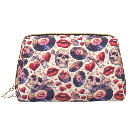 Picia record rock Skull lips Print Leather Makeup Bag Make Up Bag Travel Toiletry Bag for Her Girlfriend Teacher Teen Girl Gifts