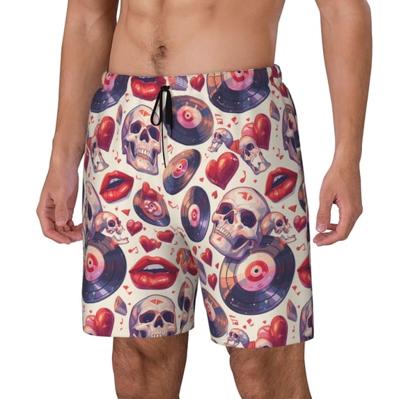 Picia record rock Skull lips pattern Mens Swim Trunks with Compression Liner Stretch Beach Shorts Quick Dry with Zipper Pockets No-Chafing Board Shorts-XX-Large