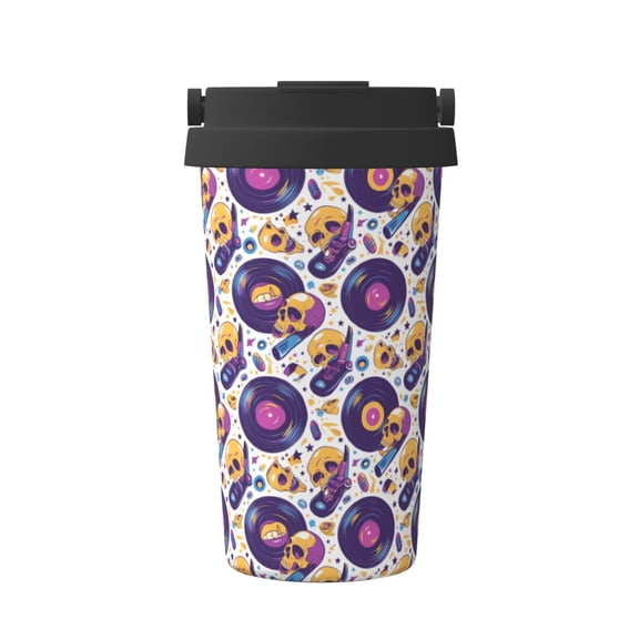 Picia record rock Skull star Pattern 500ml Carry Insulated Coffee Mug, Stainless Steel Travel Mug with Hidden Handle, Leak-Proof for Car, Office, Home, and Outdoor Use