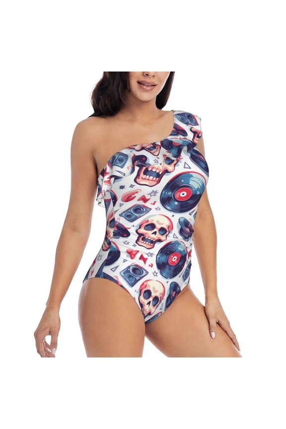 record rock music Skull Pattern Women's One Piece Swimsuits,One Shoulder Swimwear Asymmetric ,Ruffle Monokinis Bathing Suits,High Waisted Flattering Bathing Suits-Medium