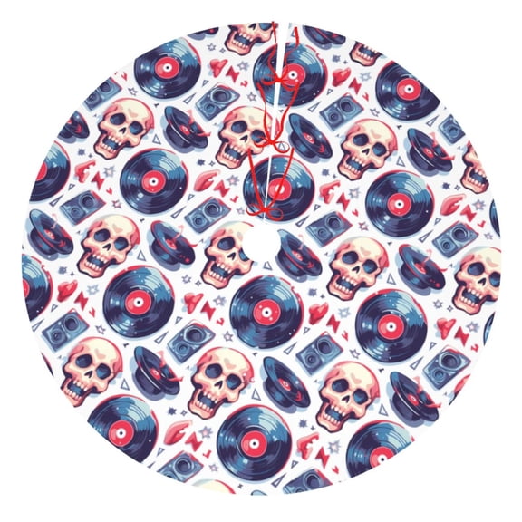 Picia record rock music Skull Print Christmas Tree Skirt , Christmas Tree Skirt Ornaments for Merry Christmas Holiday Party Decorations Indoor Outdoor-48"
