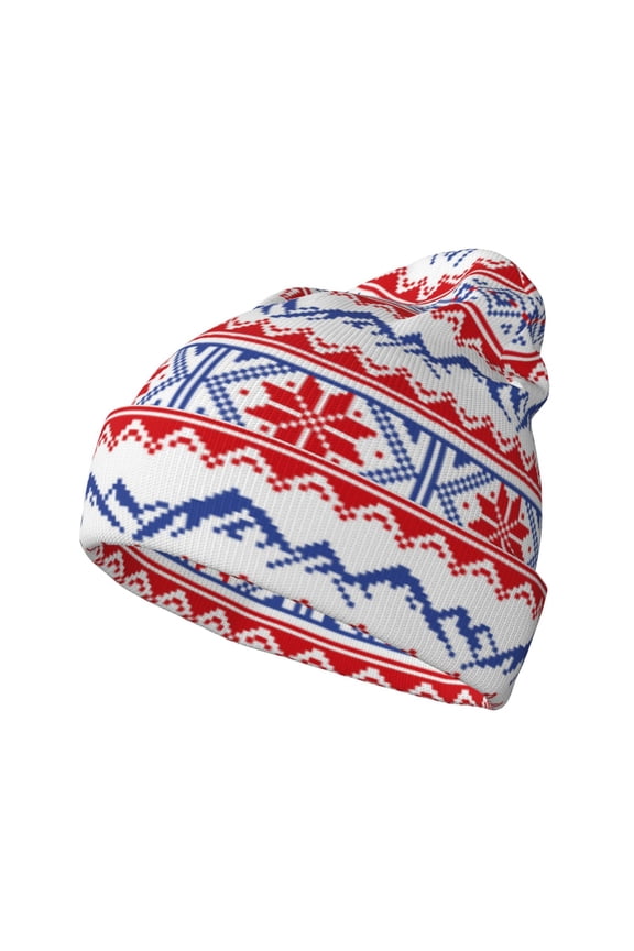 red blue Snow Mountain Pattern Knitted Beanie Hat for Men and Women , Unisex Winter Warm Stretchy Knit Cap Thick Fisherman Beanies Cuffed Plain Skull Caps