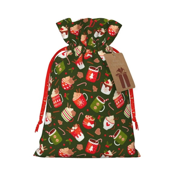 Picia red green coffee cup Pattern Christmas Gift Bags, Xmas Gift Bags, Suitable for Holiday Kraft Paper Gift Bags, Reusable Christmas Gift Bags,Festive Gift Packaging Bag-Small