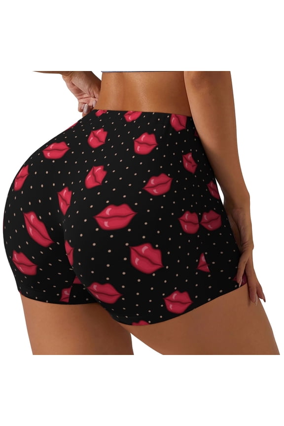 red lips Printed Workout Shorts for Women Seamless Scrunch Butt Lifting High Waisted Yoga Gym Booty Running Moisture-wicking Short Pants-X-Large
