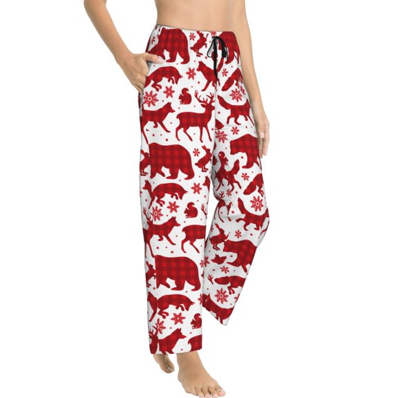 Picia red plaid Moose Bunny bear Womens Soft Woven Cotton Elastic Waistband Sleep Pajama Pant Lounge Sleep Pant With Pockets And Drawstring-Small