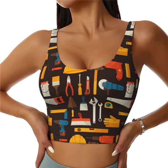 Picia repair working tools Pattern Sports Bra for Women,Padded Strappy Sports Bras Medium Support Yoga Bra with Removable Cups,Running Yoga Bra-Small