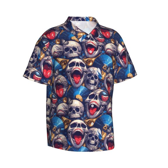 Picia rock Skull blue record Gentle Cotton Regular Fit Short Sleeve Casual Hawaiian Shirt for Men-XX-Large