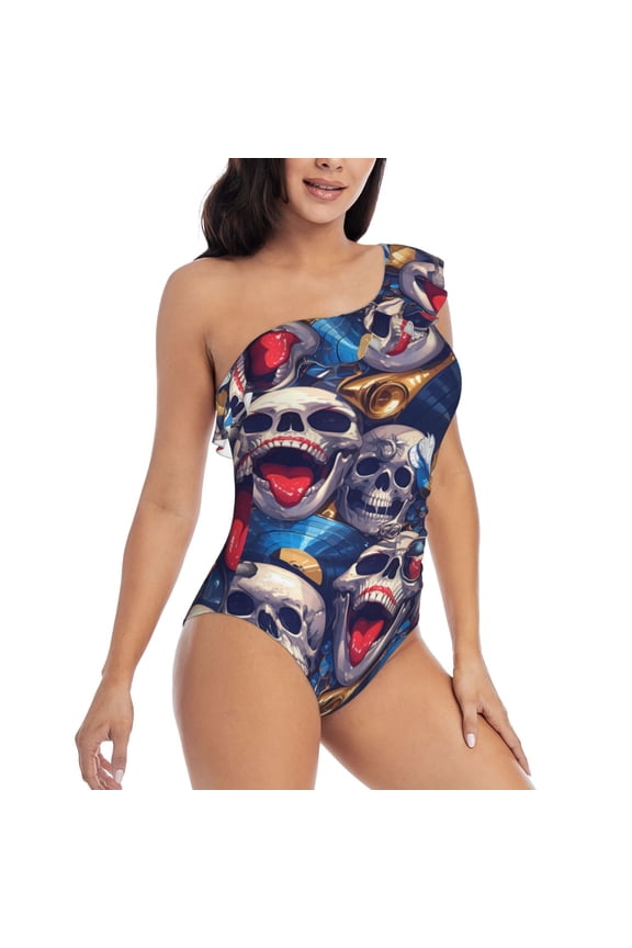 rock Skull blue record Pattern Women's One Piece Swimsuits,One Shoulder Swimwear Asymmetric ,Ruffle Monokinis Bathing Suits,High Waisted Flattering Bathing Suits-XX-Large