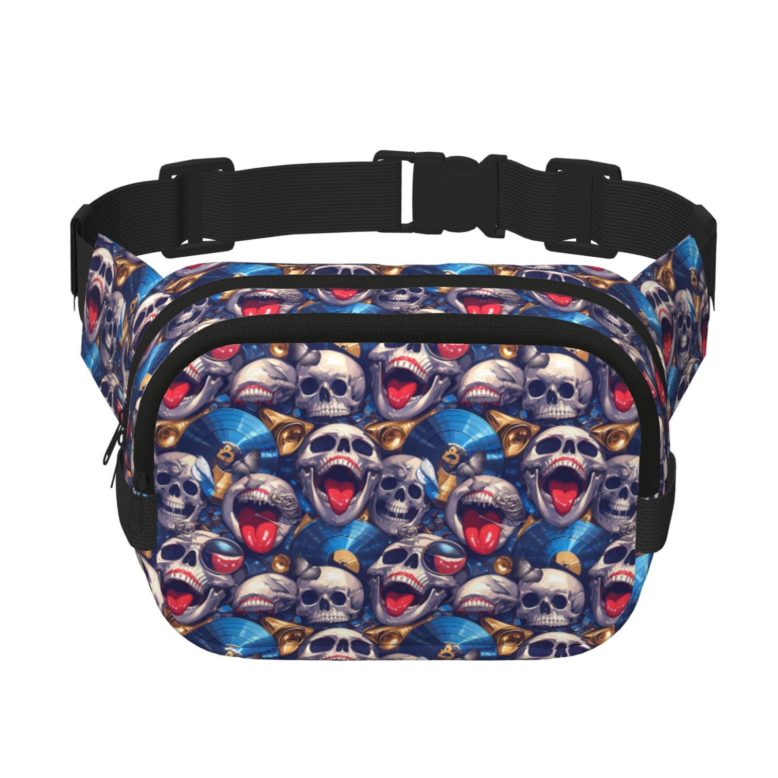 Picia rock Skull blue record Print Square Double-Layer Waist Bag Mini Adjustable Waist Belt Bag Exercise Running Travel Hiking