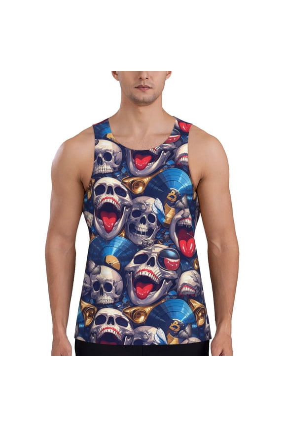 rock Skull blue record Printed Men’s Performance Tank, Men's Workout Tank Top Moisture-Wicking Tank Top Muscle tee, Breathable Workout Shirt-3X-Large