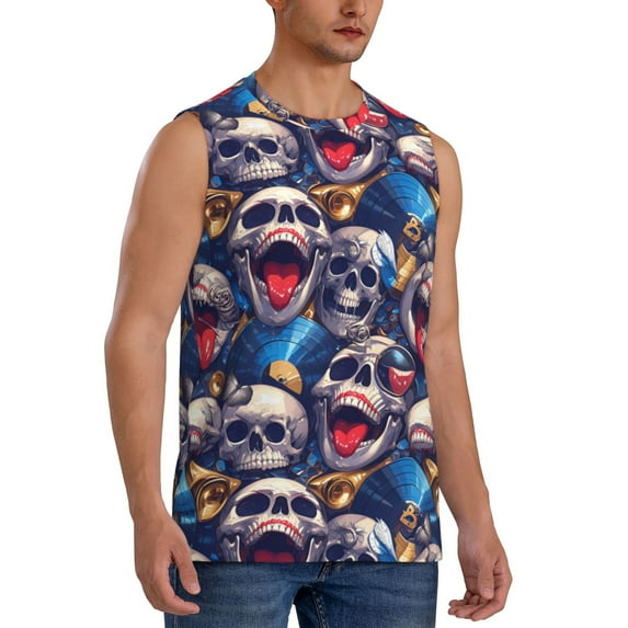 Picia rock Skull blue record mens Cotton Tank Undershirts , Moisture-wicking Ribbed Tanks, Lightweight Cotton Tank Undershirts-Large