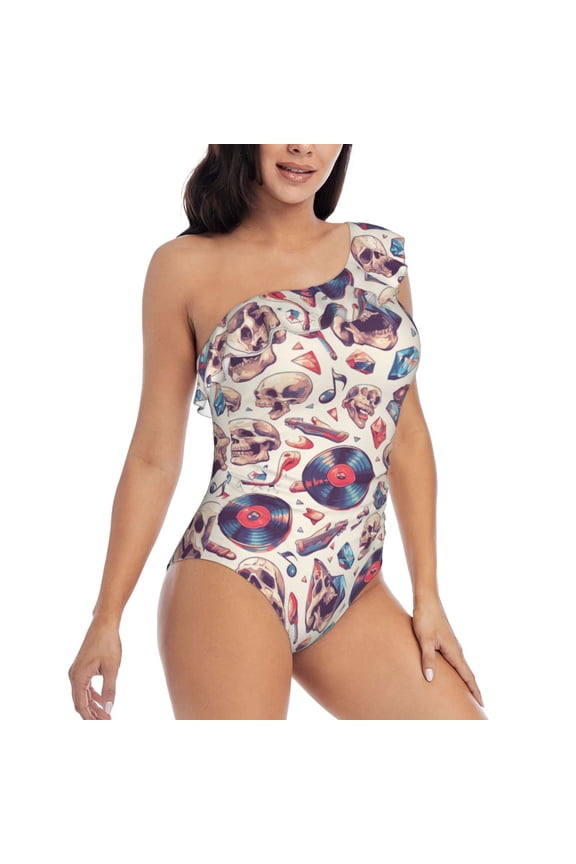 rock Skull record Retro Pattern Women's One Piece Swimsuits,One Shoulder Swimwear Asymmetric ,Ruffle Monokinis Bathing Suits,High Waisted Flattering Bathing Suits-X-Large