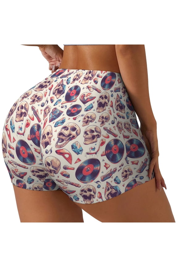 rock Skull record Retro Printed Workout Shorts for Women Seamless Scrunch Butt Lifting High Waisted Yoga Gym Booty Running Moisture-wicking Short Pants-