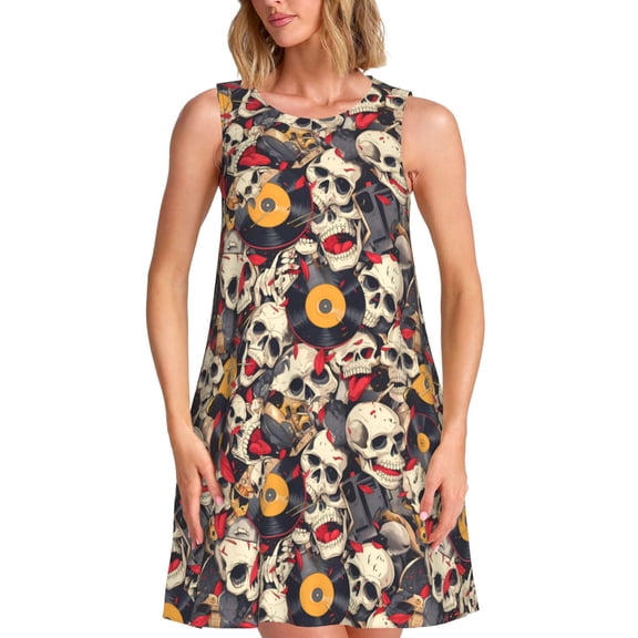 Picia rock Skull record artist Print Women’s Sleeveless Midi Swing Dress – A-Line Pleated Tank Sundress, Comfortable and Flowy T-Shirt Dress