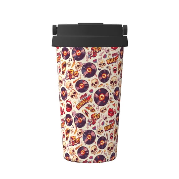 Picia rock music Skull record Pattern 500ml Carry Insulated Coffee Mug, Stainless Steel Travel Mug with Hidden Handle, Leak-Proof for Car, Office, Home, and Outdoor Use