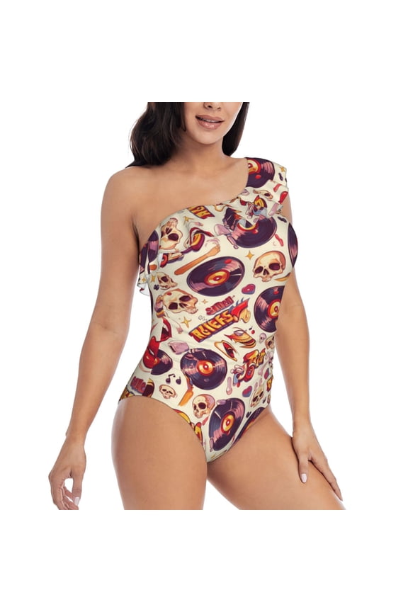 rock music Skull record Pattern Women's One Piece Swimsuits,One Shoulder Swimwear Asymmetric ,Ruffle Monokinis Bathing Suits,High Waisted Flattering Bathing Suits-XX-Large