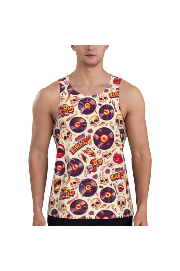 rock music Skull record Printed Men’s Performance Tank, Men's Workout Tank Top Moisture-Wicking Tank Top Muscle tee, Breathable Workout Shirt-XX-Large