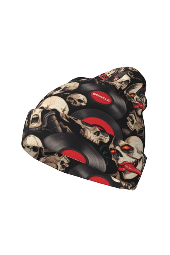 rock record Skull Pattern Knitted Beanie Hat for Men and Women , Unisex Winter Warm Stretchy Knit Cap Thick Fisherman Beanies Cuffed Plain Skull Caps