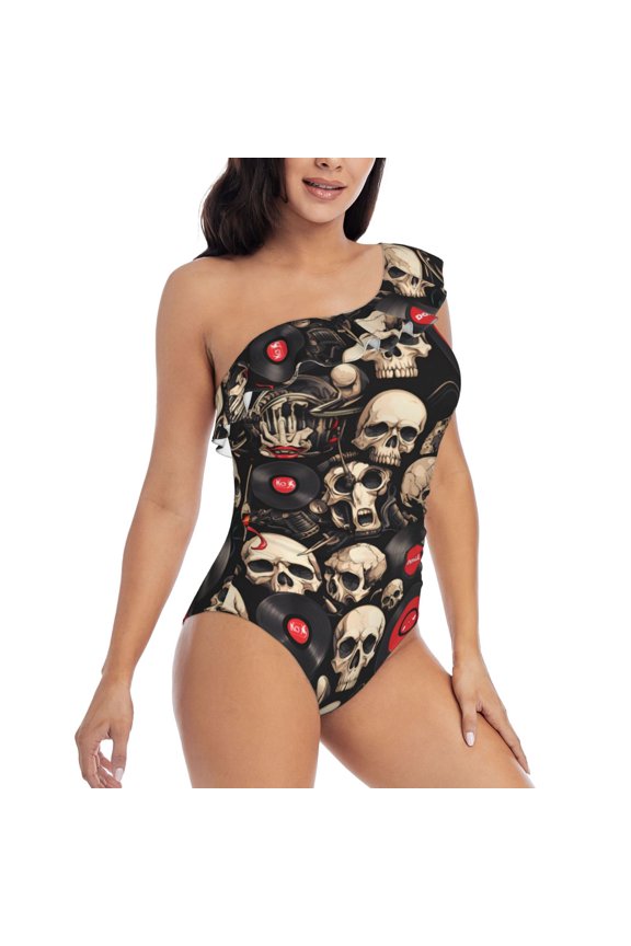 rock record Skull Pattern Women's One Piece Swimsuits,One Shoulder Swimwear Asymmetric ,Ruffle Monokinis Bathing Suits,High Waisted Flattering Bathing Suits-Large